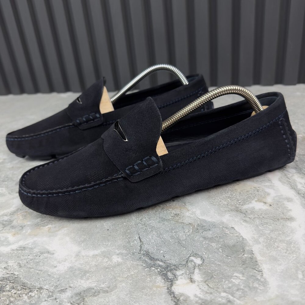 Louis Vuitton Shade Damier Embossed Driving Moccasin Blue Suede 8 LV 9 US 42 EUR